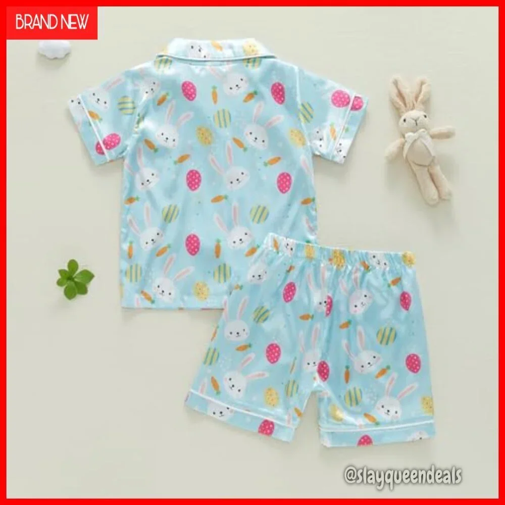 Toddler Easter Bunny Silk Pajama Set Short Sleeve Button Shirt Lounge Shorts